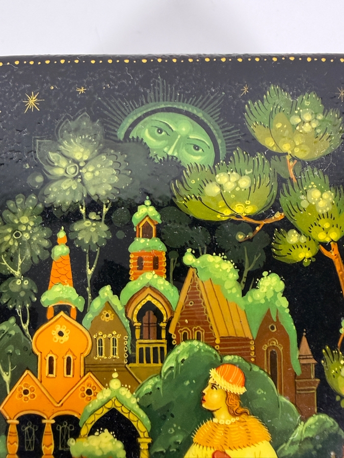 Two Vintage Russian Hand Painted Papier Mache Lacquer Trinket Boxes With Fairy Tale Scenes 5'W And 4'W [Photo 7]