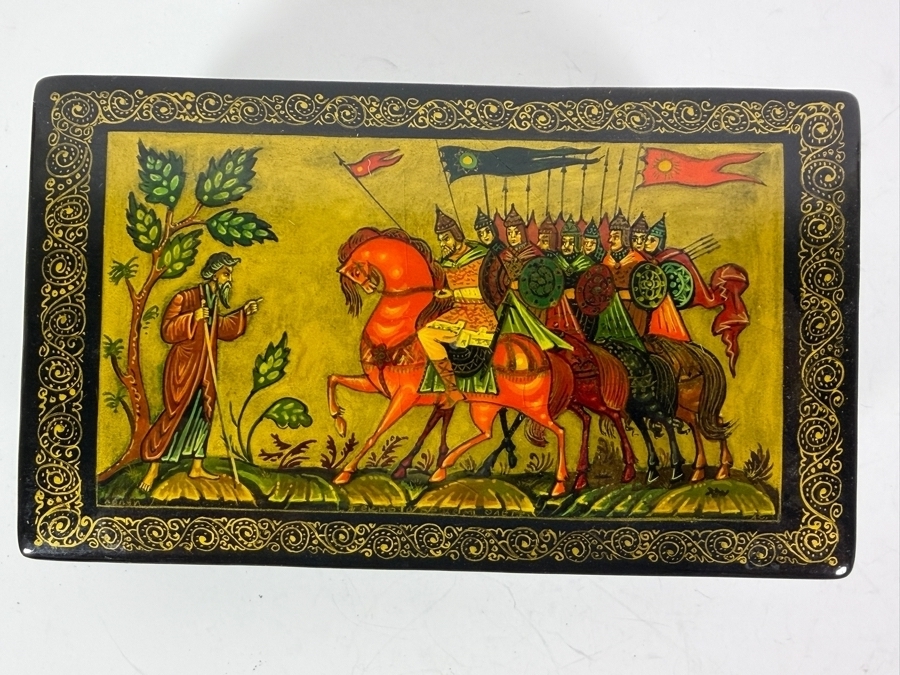 Two Vintage Russian Hand Painted Papier Mache Lacquer Trinket Boxes With Fairy Tale Scenes 5'W And 4'W [Photo 2]