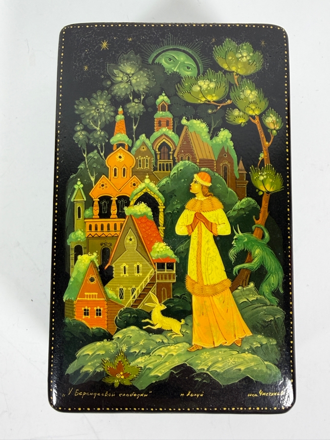 Two Vintage Russian Hand Painted Papier Mache Lacquer Trinket Boxes With Fairy Tale Scenes 5'W And 4'W [Photo 6]