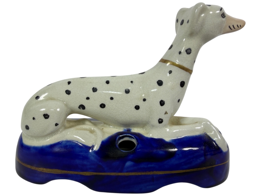 Vintage Staffordshire Style Reclining Dalmatian Porcelain Inkwell Pen Holder 5'W X 3.5'H