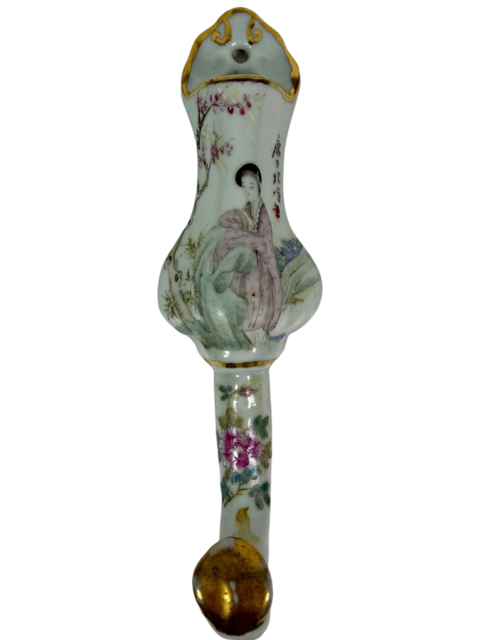 Vintage Chinese Famille Rose Hand Painted Porcelain Wall Pocket Vase Coat Hook 7.5'L