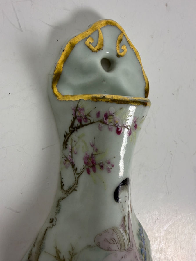 Vintage Chinese Famille Rose Hand Painted Porcelain Wall Pocket Vase Coat Hook 7.5'L [Photo 6]