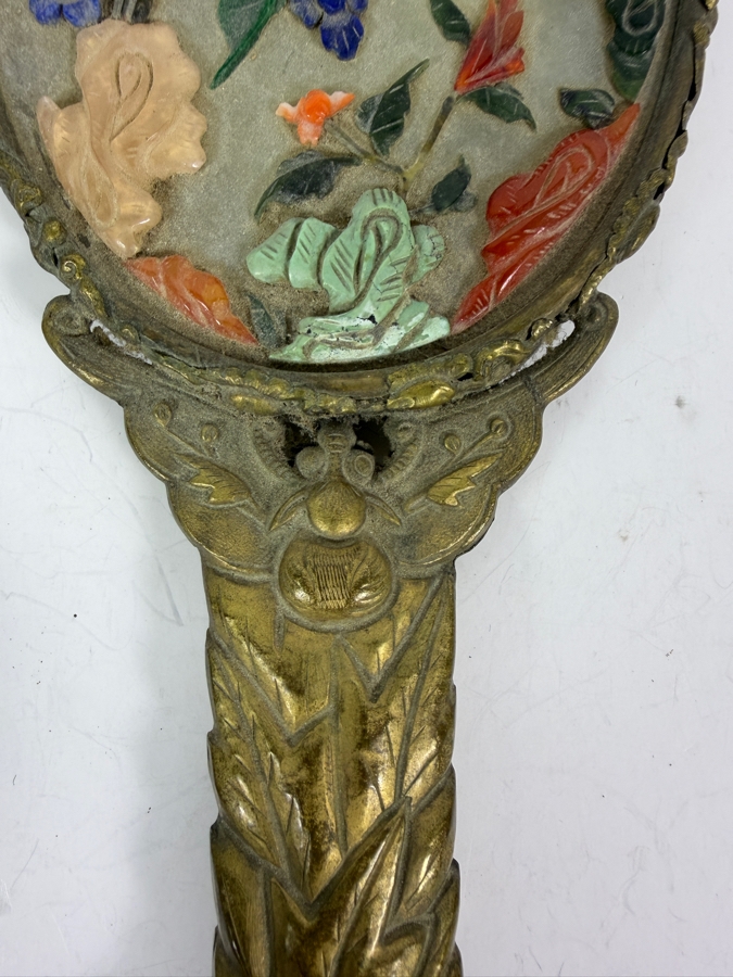 Antique Chinese Hand Mirror with Repousse Brass Handle and Applied Carved Semi-Precious Stones 14L [Photo 7]