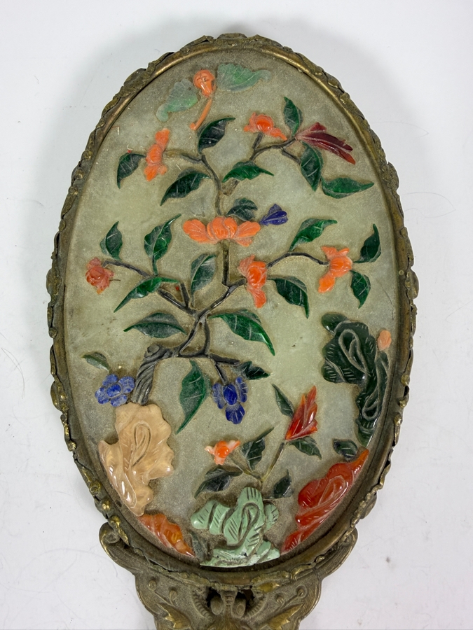 Antique Chinese Hand Mirror with Repousse Brass Handle and Applied Carved Semi-Precious Stones 14L [Photo 2]