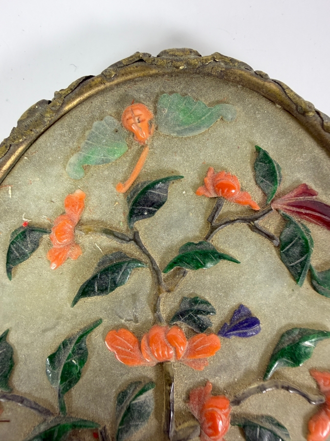 Antique Chinese Hand Mirror with Repousse Brass Handle and Applied Carved Semi-Precious Stones 14L [Photo 6]