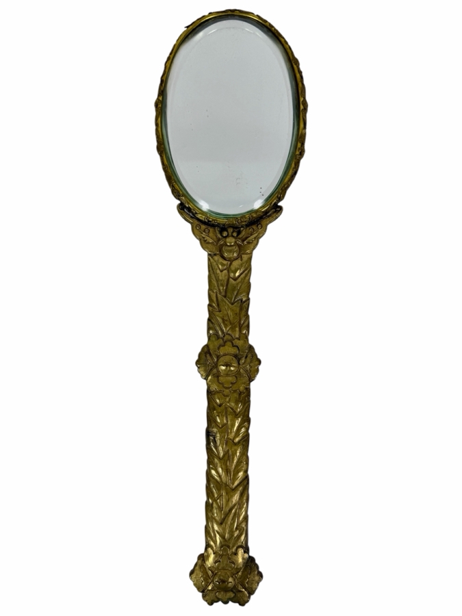 Antique Chinese Hand Mirror with Repousse Brass Handle and Applied Carved Semi-Precious Stones 14L [Photo 5]