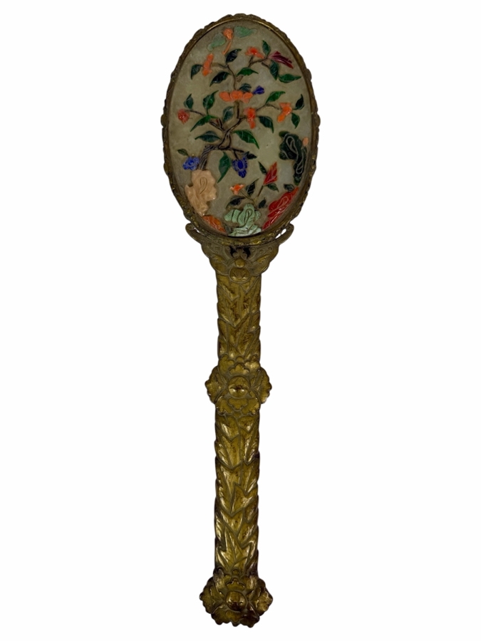 Antique Chinese Hand Mirror with Repousse Brass Handle and Applied Carved Semi-Precious Stones 14L [Photo 4]
