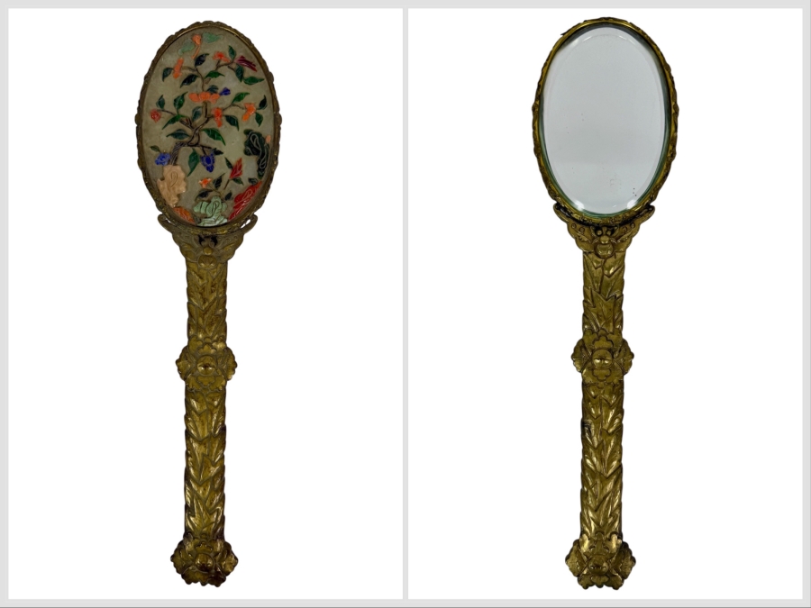 Antique Chinese Hand Mirror with Repousse Brass Handle and Applied Carved Semi-Precious Stones 14L