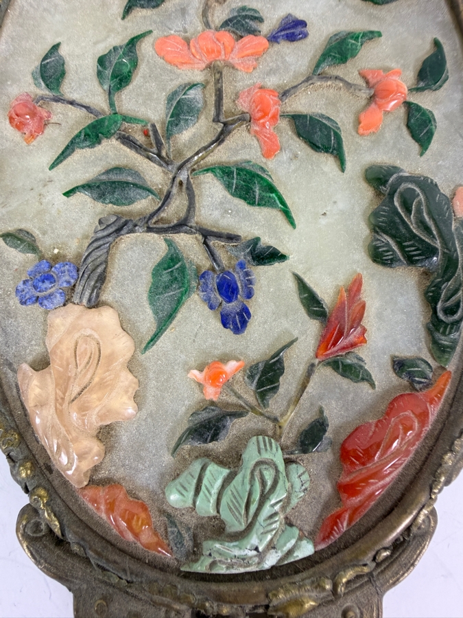 Antique Chinese Hand Mirror with Repousse Brass Handle and Applied Carved Semi-Precious Stones 14L [Photo 3]