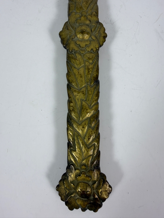 Antique Chinese Hand Mirror with Repousse Brass Handle and Applied Carved Semi-Precious Stones 14L [Photo 8]