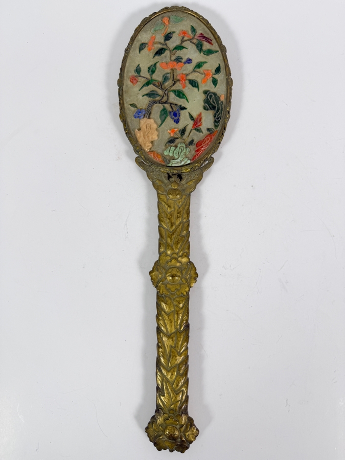 Antique Chinese Hand Mirror with Repousse Brass Handle and Applied Carved Semi-Precious Stones 14L [Photo 9]