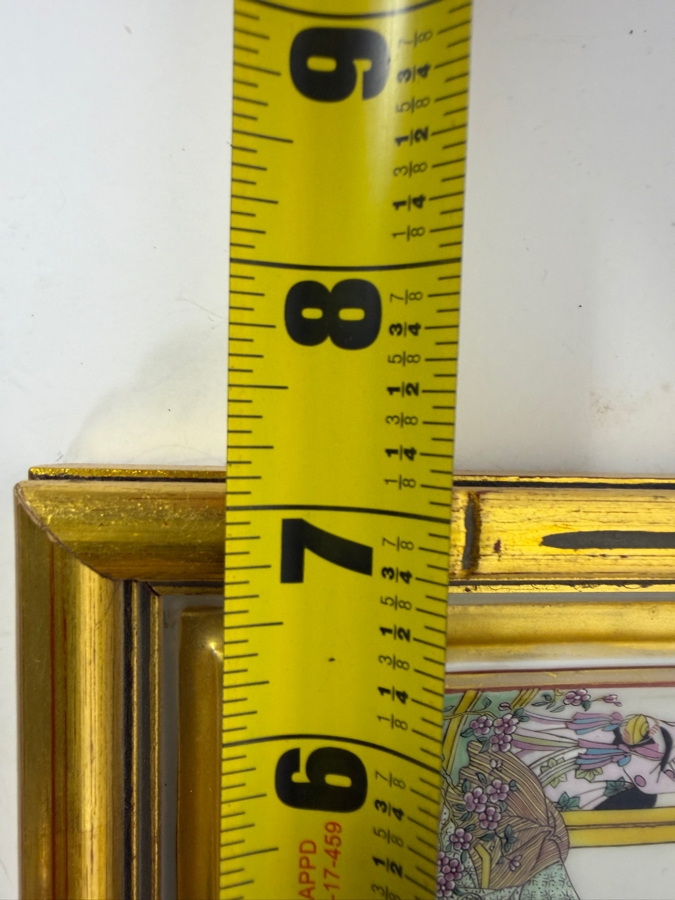 Vintage Hand Painted Japanese Porcelain Plaque In Faux Bamboo Gilt Frame 6.5'W X 5.5'H Frame: 7'W X 6'H [Photo 13]