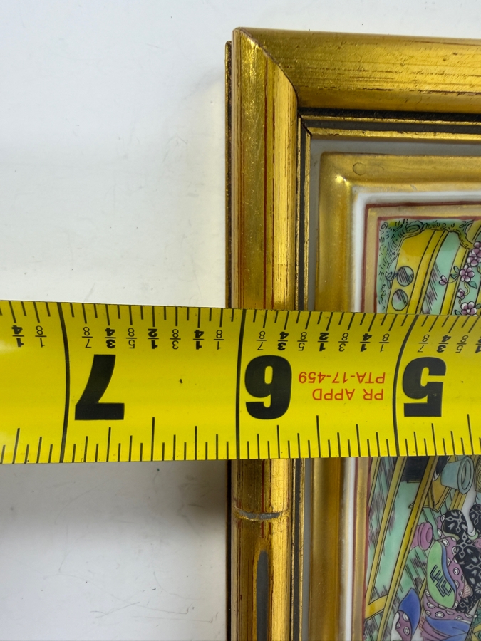 Vintage Hand Painted Japanese Porcelain Plaque In Faux Bamboo Gilt Frame 6.5'W X 5.5'H Frame: 7'W X 6'H [Photo 14]