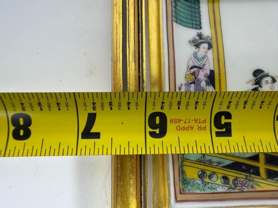 Vintage Hand Painted Japanese Porcelain Plaque In Faux Bamboo Gilt Frame 6.5'W X 5.5'H Frame: 7'W X 6'H [Photo 11]