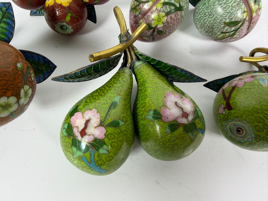 Collection Of Five Vintage Chinese Cloisonne Enamel Pairs Of Fruit Hanging Ornaments With Brass Stems [Photo 3]