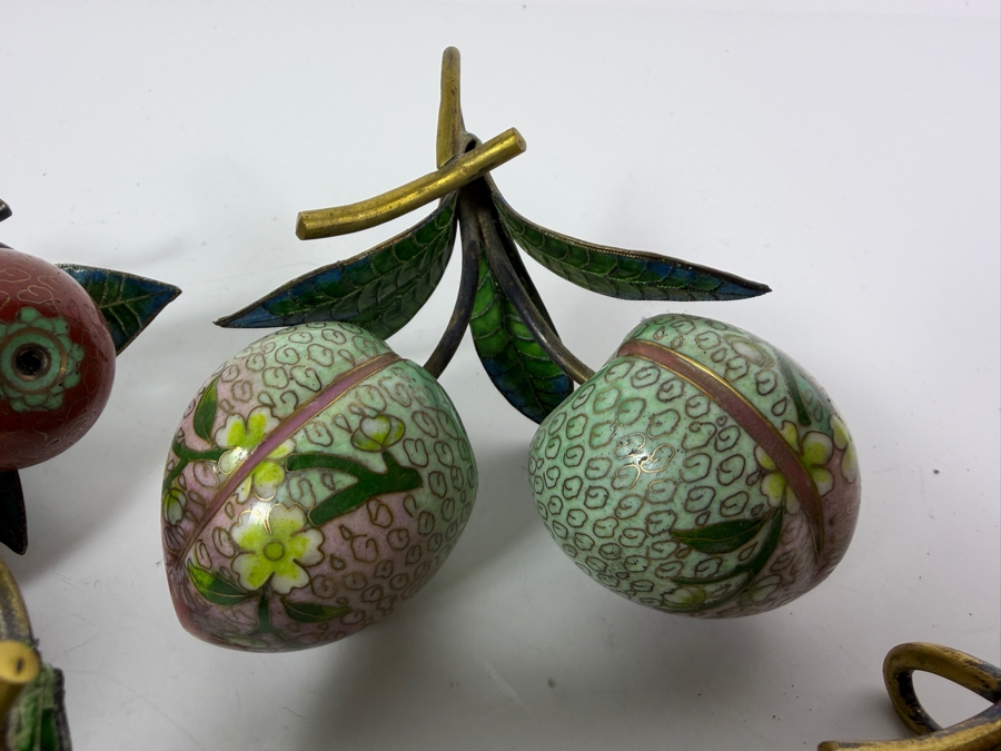 Collection Of Five Vintage Chinese Cloisonne Enamel Pairs Of Fruit Hanging Ornaments With Brass Stems [Photo 8]