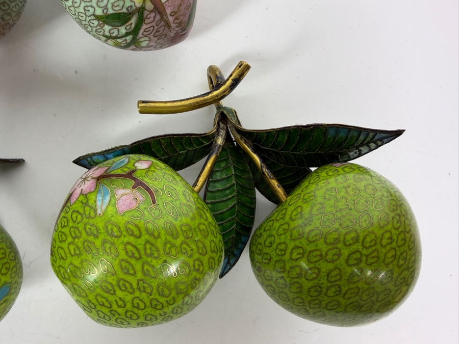 Collection Of Five Vintage Chinese Cloisonne Enamel Pairs Of Fruit Hanging Ornaments With Brass Stems [Photo 9]