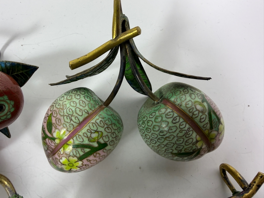 Collection Of Five Vintage Chinese Cloisonne Enamel Pairs Of Fruit Hanging Ornaments With Brass Stems [Photo 7]