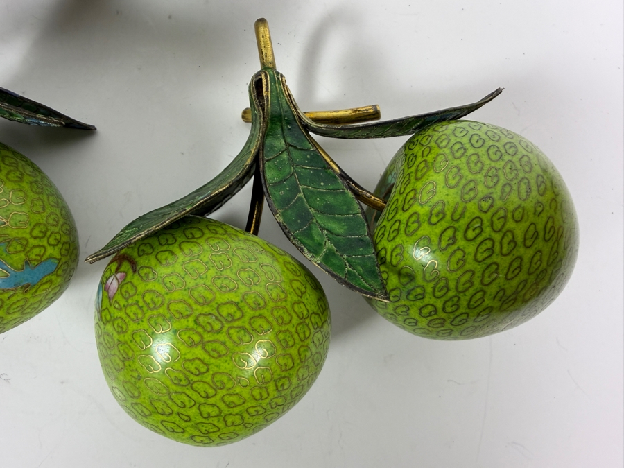 Collection Of Five Vintage Chinese Cloisonne Enamel Pairs Of Fruit Hanging Ornaments With Brass Stems [Photo 10]
