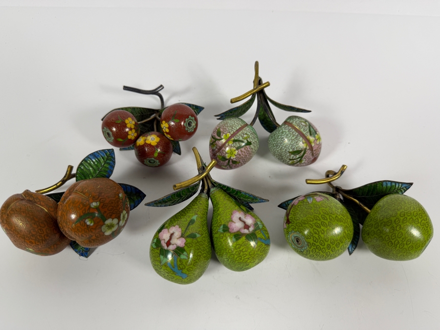 Collection Of Five Vintage Chinese Cloisonne Enamel Pairs Of Fruit Hanging Ornaments With Brass Stems [Photo 2]