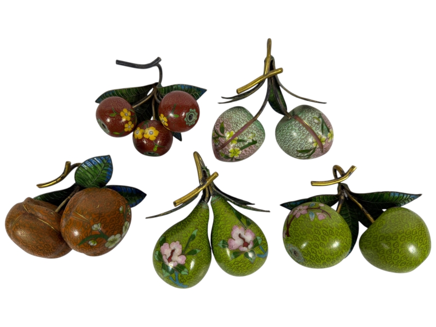Collection Of Five Vintage Chinese Cloisonne Enamel Pairs Of Fruit Hanging Ornaments With Brass Stems