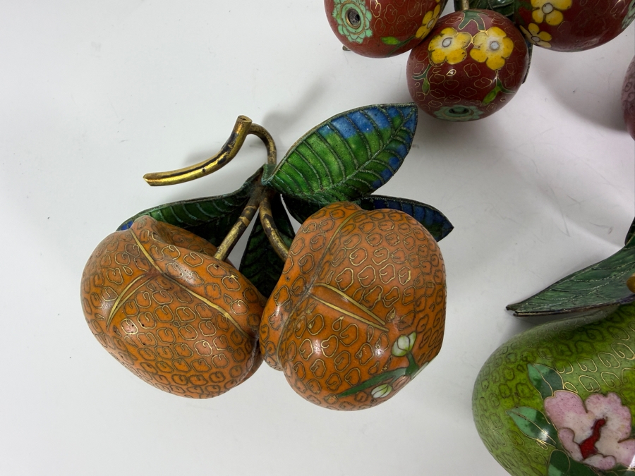 Collection Of Five Vintage Chinese Cloisonne Enamel Pairs Of Fruit Hanging Ornaments With Brass Stems [Photo 5]