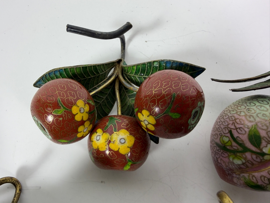 Collection Of Five Vintage Chinese Cloisonne Enamel Pairs Of Fruit Hanging Ornaments With Brass Stems [Photo 6]