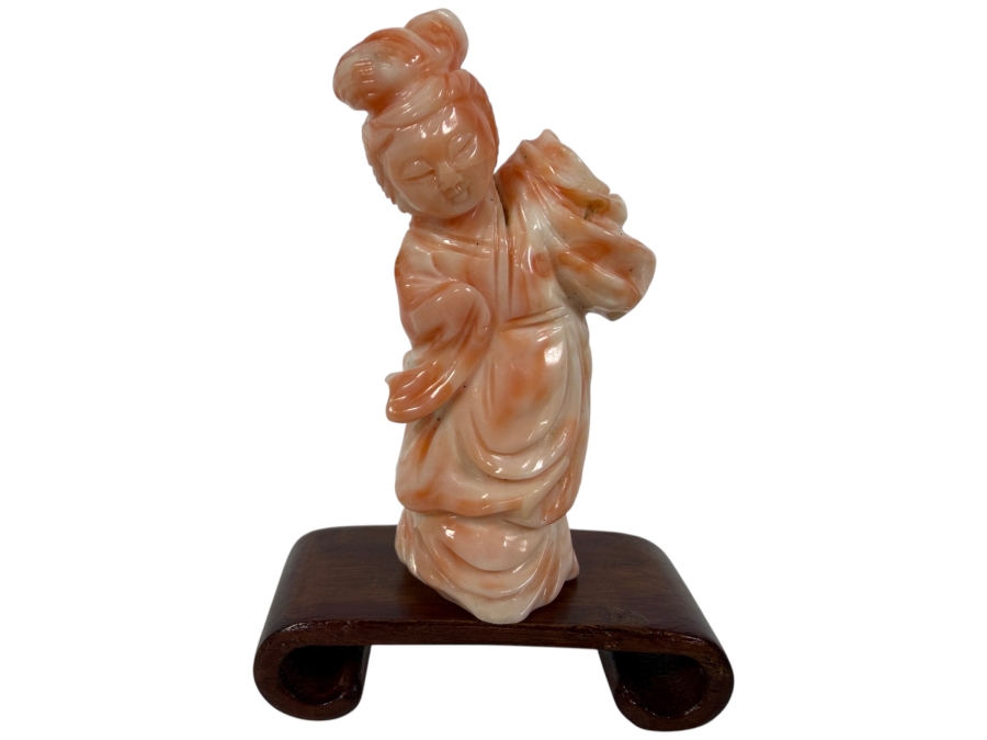Vintage Chinese Hand Carved Angel Skin Pink Coral Maiden Figurine On Fitted Wooden Base 2.5'H
