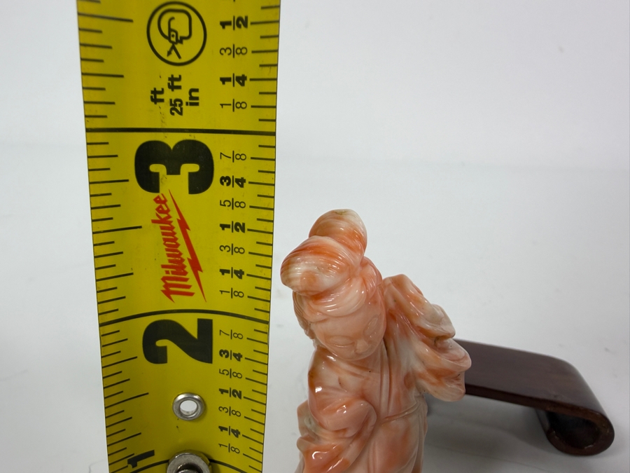 Vintage Chinese Hand Carved Angel Skin Pink Coral Maiden Figurine On Fitted Wooden Base 2.5'H [Photo 6]