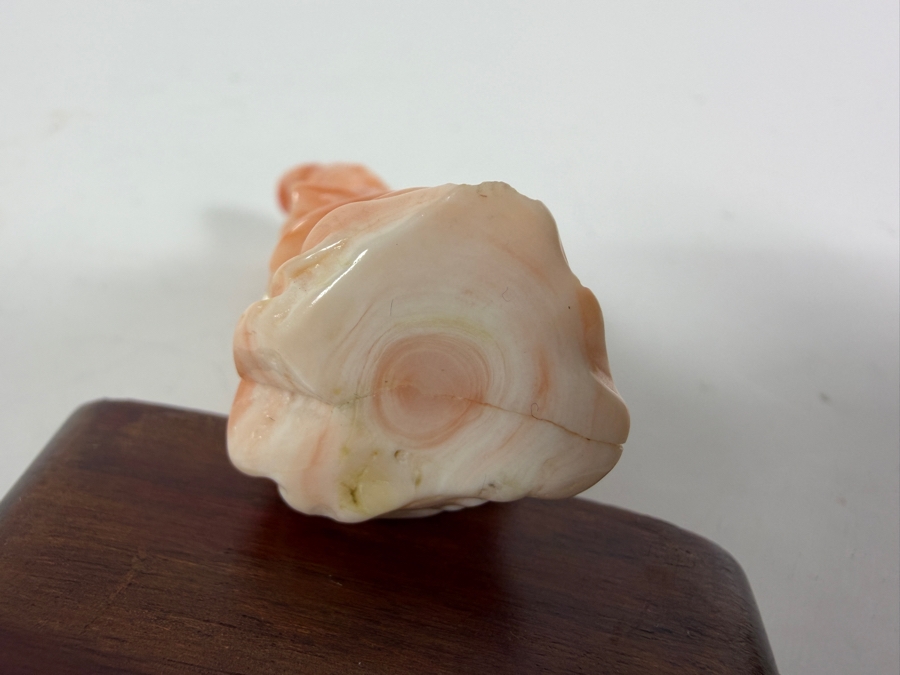 Vintage Chinese Hand Carved Angel Skin Pink Coral Maiden Figurine On Fitted Wooden Base 2.5'H [Photo 5]