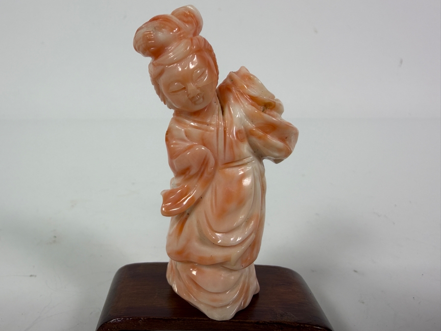 Vintage Chinese Hand Carved Angel Skin Pink Coral Maiden Figurine On Fitted Wooden Base 2.5'H [Photo 2]