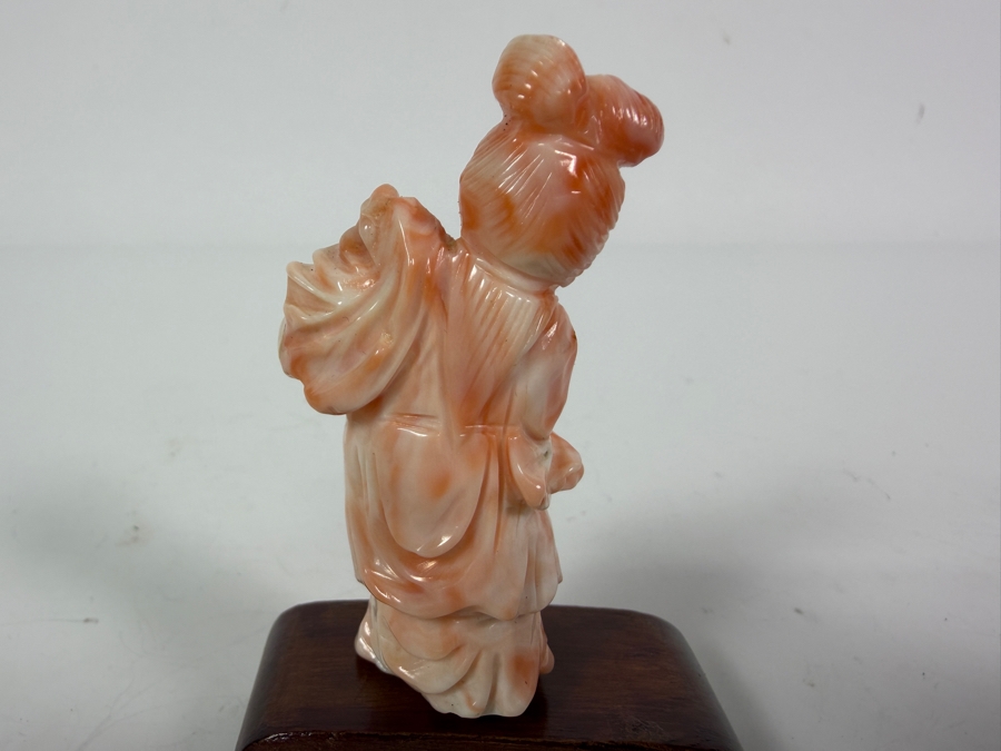 Vintage Chinese Hand Carved Angel Skin Pink Coral Maiden Figurine On Fitted Wooden Base 2.5'H [Photo 4]
