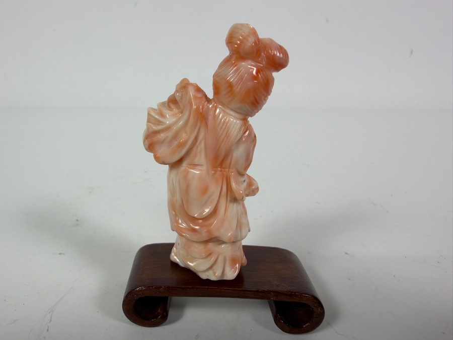 Vintage Chinese Hand Carved Angel Skin Pink Coral Maiden Figurine On Fitted Wooden Base 2.5'H [Photo 3]