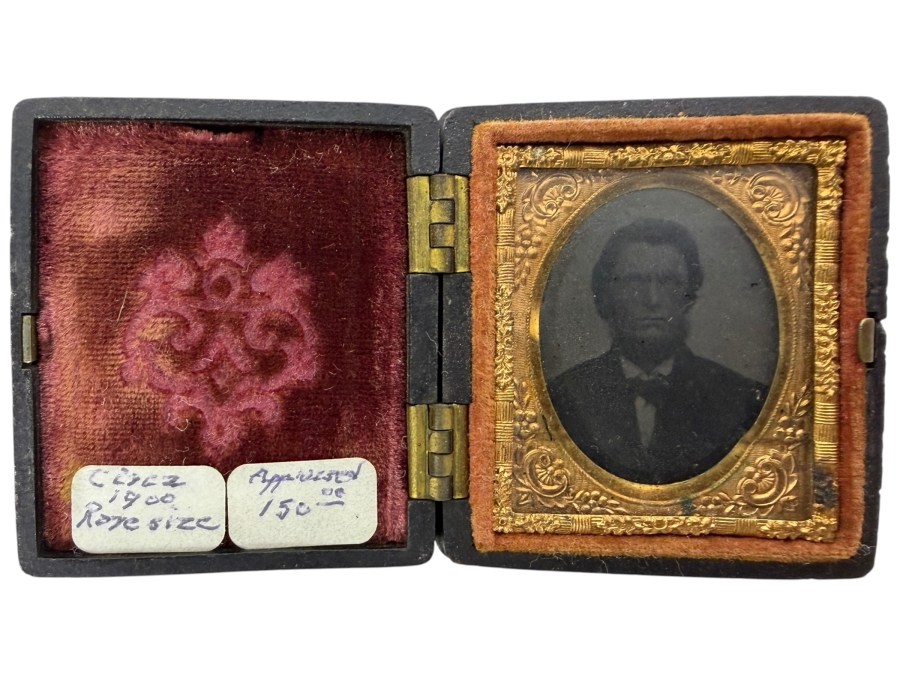 Antique Mid Nineteenth Century Cased Tintype Portrait Of A Gentleman In Ornate Brass Preserver Frame 1.75'W X 2'H