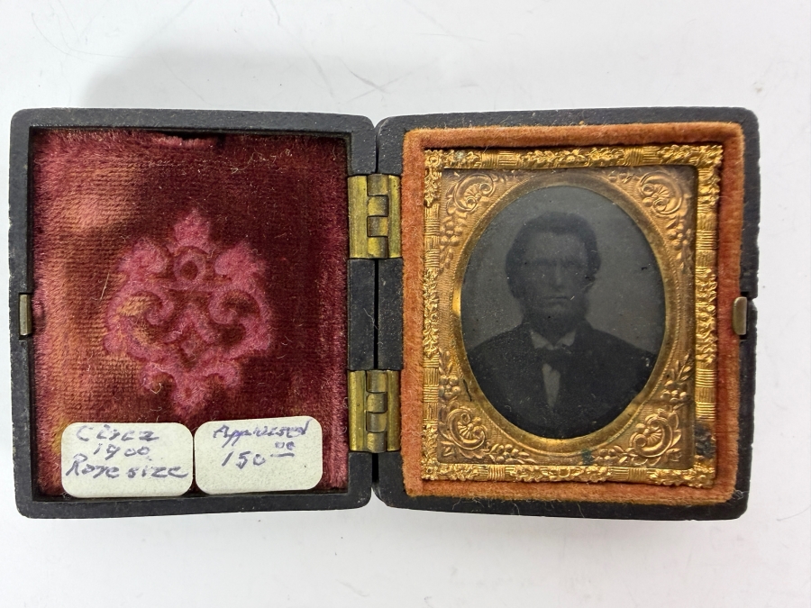 Antique Mid Nineteenth Century Cased Tintype Portrait Of A Gentleman In Ornate Brass Preserver Frame 1.75'W X 2'H [Photo 2]