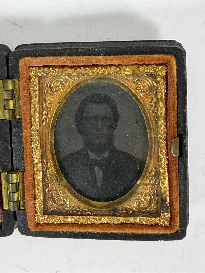 Antique Mid Nineteenth Century Cased Tintype Portrait Of A Gentleman In Ornate Brass Preserver Frame 1.75'W X 2'H [Photo 3]