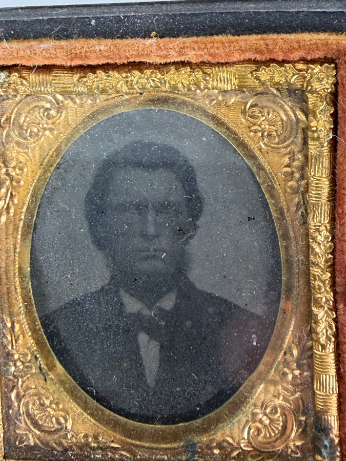 Antique Mid Nineteenth Century Cased Tintype Portrait Of A Gentleman In Ornate Brass Preserver Frame 1.75'W X 2'H [Photo 4]