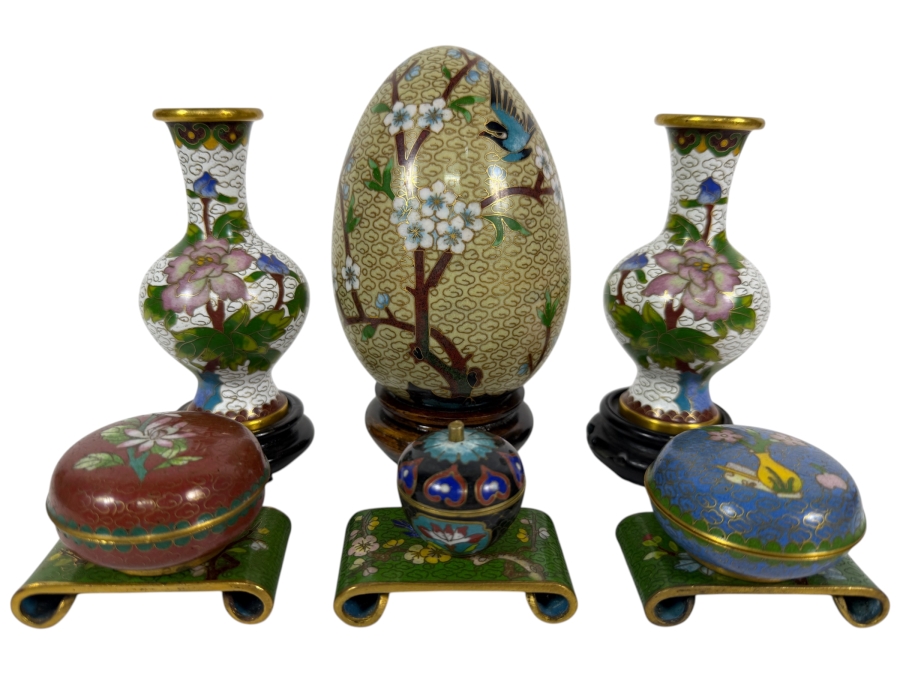 Collection Of Six Vintage Chinese Cloisonne Enamel Decorative Items Including Vases, Egg, And Covered Boxes 