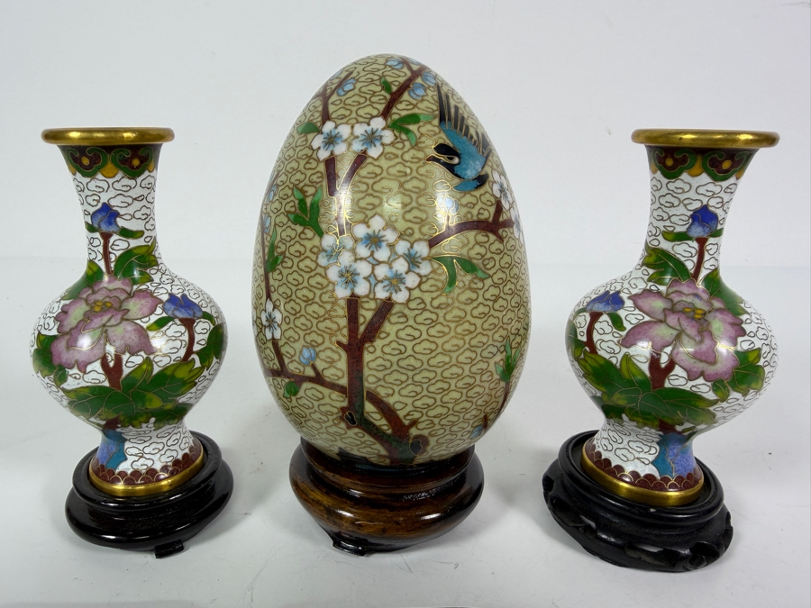 Collection Of Six Vintage Chinese Cloisonne Enamel Decorative Items Including Vases, Egg, And Covered Boxes  [Photo 7]
