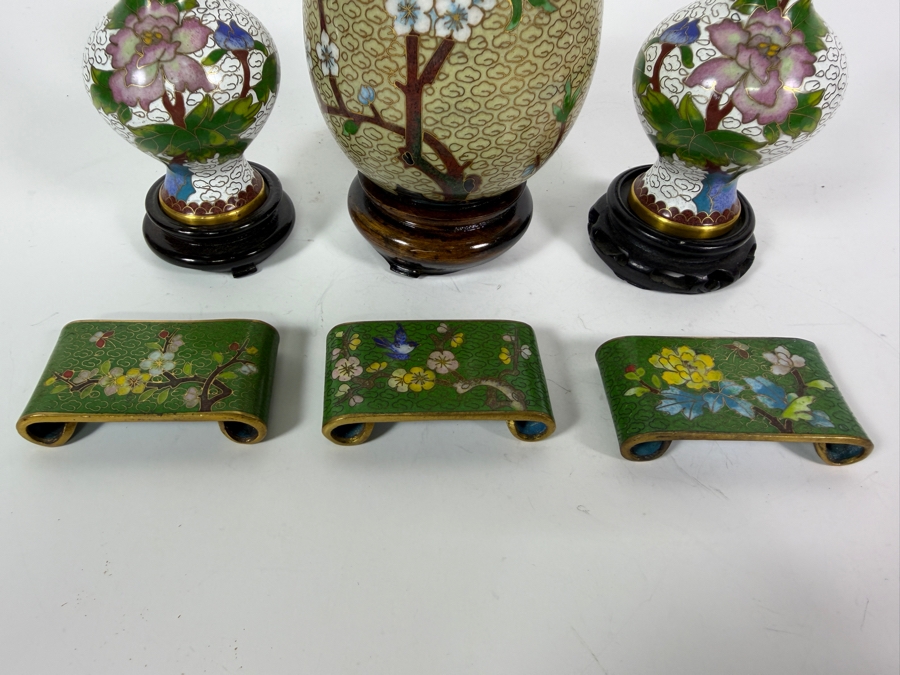 Collection Of Six Vintage Chinese Cloisonne Enamel Decorative Items Including Vases, Egg, And Covered Boxes  [Photo 6]