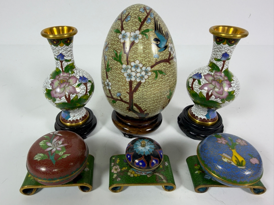 Collection Of Six Vintage Chinese Cloisonne Enamel Decorative Items Including Vases, Egg, And Covered Boxes  [Photo 2]