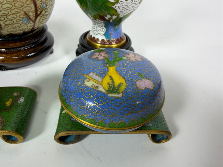 Collection Of Six Vintage Chinese Cloisonne Enamel Decorative Items Including Vases, Egg, And Covered Boxes  [Photo 5]