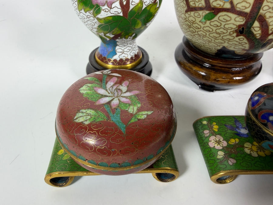 Collection Of Six Vintage Chinese Cloisonne Enamel Decorative Items Including Vases, Egg, And Covered Boxes  [Photo 3]