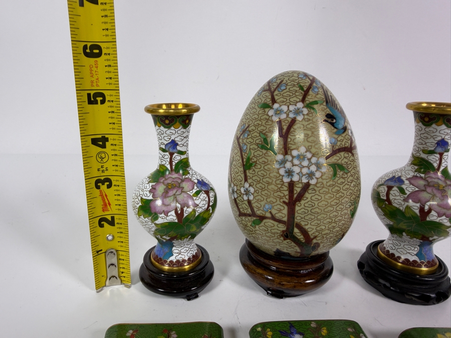 Collection Of Six Vintage Chinese Cloisonne Enamel Decorative Items Including Vases, Egg, And Covered Boxes  [Photo 8]