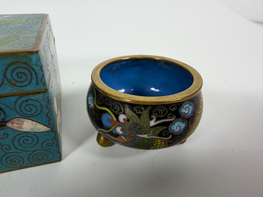 Collection Of Four Vintage Chinese Cloisonne Enamel Items Including Lidded Censer Boxes And Miniature Bowls 1.5' - 2.5'H [Photo 5]