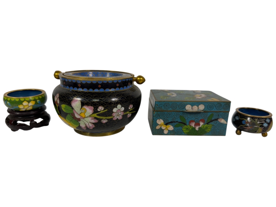 Collection Of Four Vintage Chinese Cloisonne Enamel Items Including Lidded Censer Boxes And Miniature Bowls 1.5' - 2.5'H