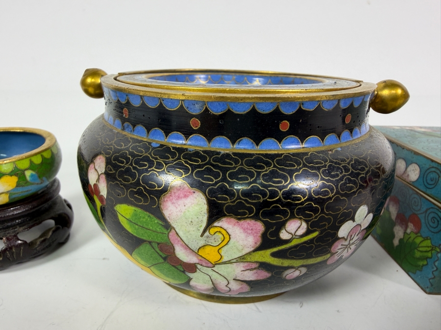 Collection Of Four Vintage Chinese Cloisonne Enamel Items Including Lidded Censer Boxes And Miniature Bowls 1.5' - 2.5'H [Photo 2]