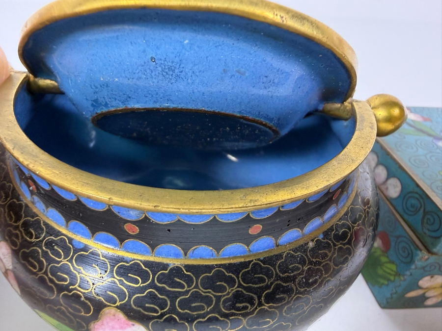 Collection Of Four Vintage Chinese Cloisonne Enamel Items Including Lidded Censer Boxes And Miniature Bowls 1.5' - 2.5'H [Photo 4]