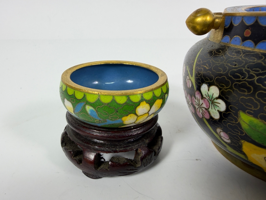 Collection Of Four Vintage Chinese Cloisonne Enamel Items Including Lidded Censer Boxes And Miniature Bowls 1.5' - 2.5'H [Photo 7]