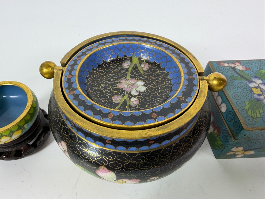 Collection Of Four Vintage Chinese Cloisonne Enamel Items Including Lidded Censer Boxes And Miniature Bowls 1.5' - 2.5'H [Photo 3]